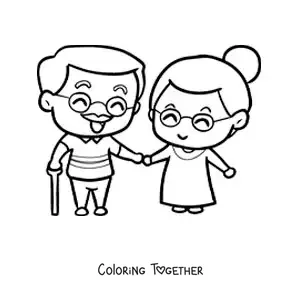 Coloring page of an elderly couple in love holding hands