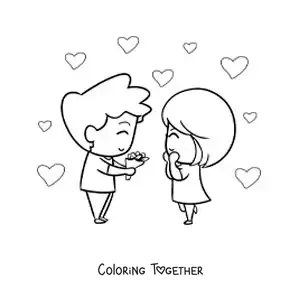 Coloring page of a boy giving a bouquet of flowers to his sweetheart