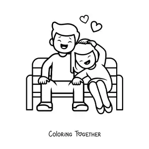 Coloring page of a couple sitting and laughing together with hearts