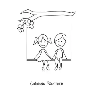 Coloring page of a couple in love sitting under a tree with hearts