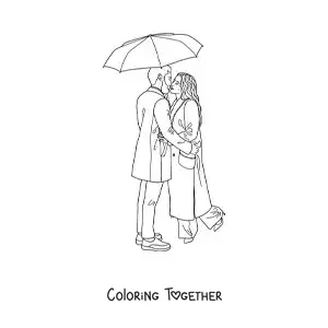 Coloring page of a couple kissing in the rain