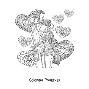 Coloring page of a couple hugging with hearts