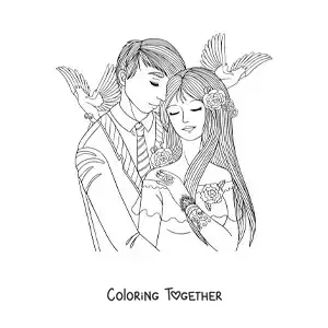 Coloring page of a couple getting married with doves in the background