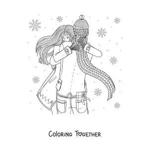 Coloring page of a couple hugging in the snow