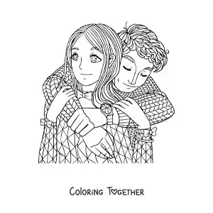 Coloring page of a couple hugging
