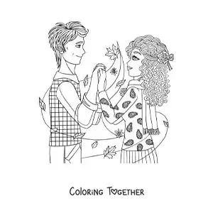 Coloring page of a romantic scene of a couple holding hands