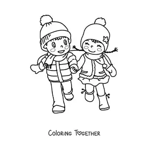 Coloring page of a boy and girl holding hands in winter