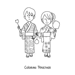 Coloring page of a Japanese couple