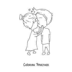 Coloring page of a couple's kiss with hearts