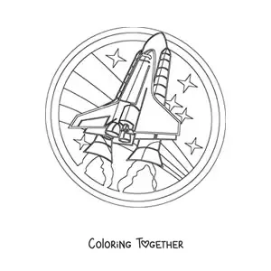 Coloring page of a realistic rocket with a rainbow