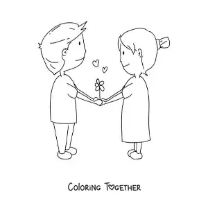 Coloring page of a sweet couple holding hands with hearts
