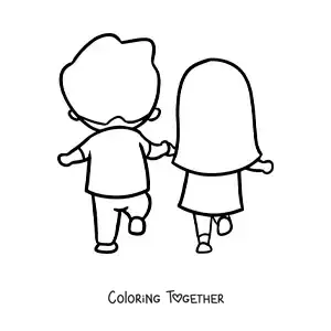 Coloring page of a happy couple walking hand in hand