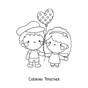 Coloring page of a couple in love with a heart balloon