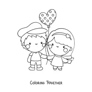 Coloring page of a couple in love with a Valentine's balloon