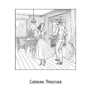Coloring page of a vintage couple dancing at home