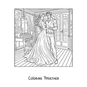 Coloring page of an elegant vintage couple dancing a waltz in a house