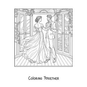 Coloring page of a romantic scene of a couple dancing in the garden