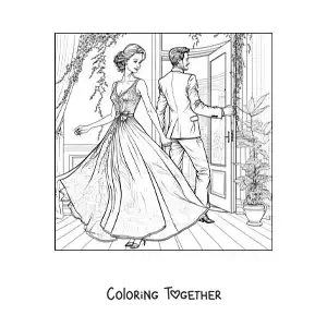 Coloring page of a beautiful vintage couple in a house with a garden
