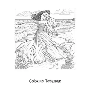 Coloring page of a romantic scene of a couple on the beach