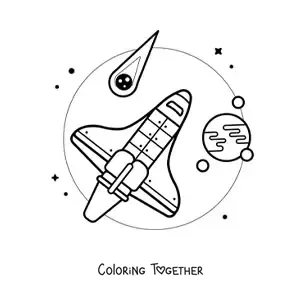Coloring page of a rocket in space next to asteroids and planets