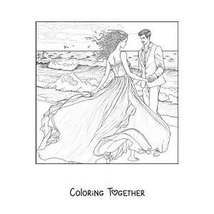 Coloring page of a romantic scene of a couple in love on the beach