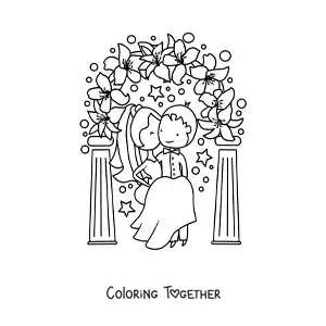 Coloring page of a happy cartoon couple at their wedding with flowers