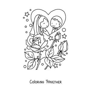 Coloring page of a happy cartoon couple at their wedding with roses and hearts