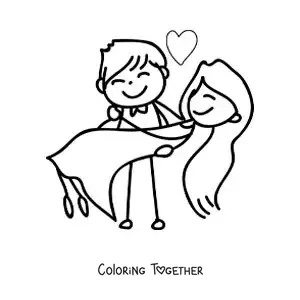 Coloring page of a cartoon newlywed couple