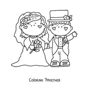 Coloring page of a cartoon of the bride and groom at their wedding