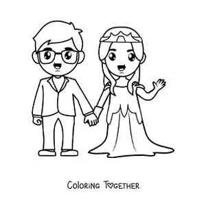 Coloring page of a cartoon couple at their wedding