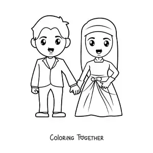 Coloring page of a bride and groom at their wedding