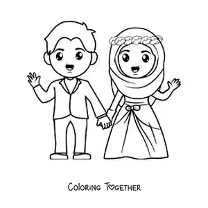 Coloring page of a bride wearing a hijab and groom at their wedding