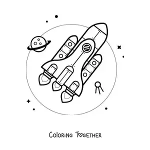 Coloring page of a rocket in space next to a planet
