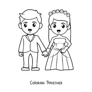 Coloring page of a bride in a gown and groom at their wedding