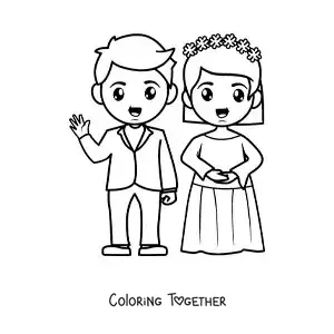 Coloring page of a cartoon wedding couple