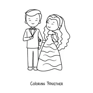 Coloring page of a cartoon couple on their wedding day