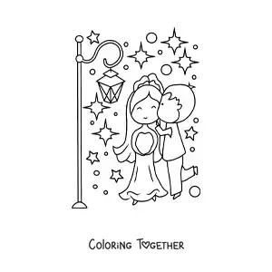 Coloring page of a sweet couple on their wedding day with stars