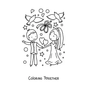 Coloring page of a sweet cartoon couple at their wedding with hearts and doves