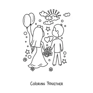 Coloring page of a newlywed couple on their wedding day with hearts and flowers
