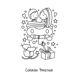 Coloring page of a newlywed couple in a car with hearts