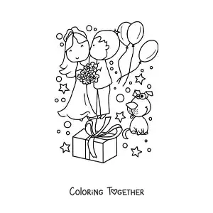 Coloring page of a cartoon couple at their wedding with gifts