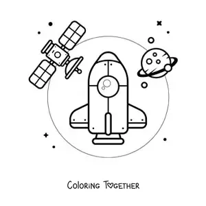 Coloring page of a rocket in space next to a satellite and a planet