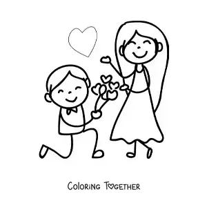 Coloring page of a cartoon marriage proposal