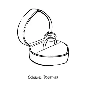Coloring page of an engagement ring in a heart-shaped box