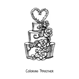 Coloring page of a realistic wedding cake with flowers