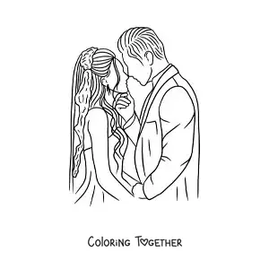 Coloring page of a bride and groom kissing at their wedding