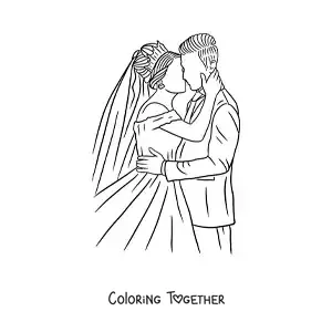 Coloring page of a bride and groom kissing at their wedding