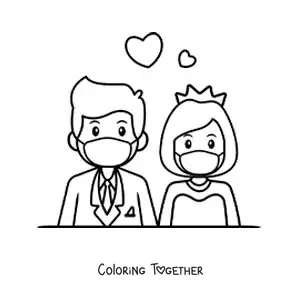 Coloring page of a cartoon wedding in quarantine