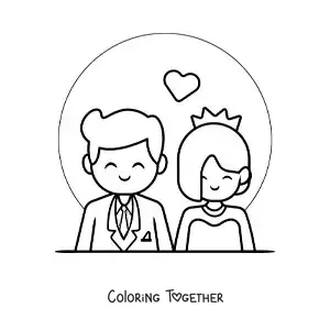 Coloring page of a happy cartoon couple at their wedding with hearts