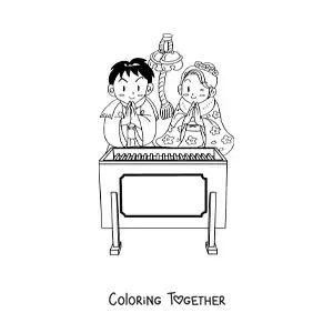 Coloring page of a traditional Japanese wedding